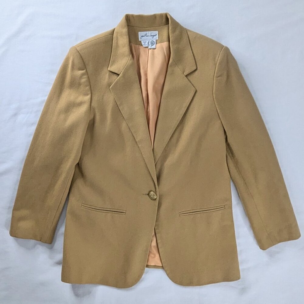 VTG Tan 100% Wool Front Button Satin Lined Long Length Blazer Jacket Academia
